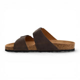 Bruine leren instapslippers voor heren met voetbed.