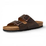 Bruine leren instapslippers voor heren met voetbed.