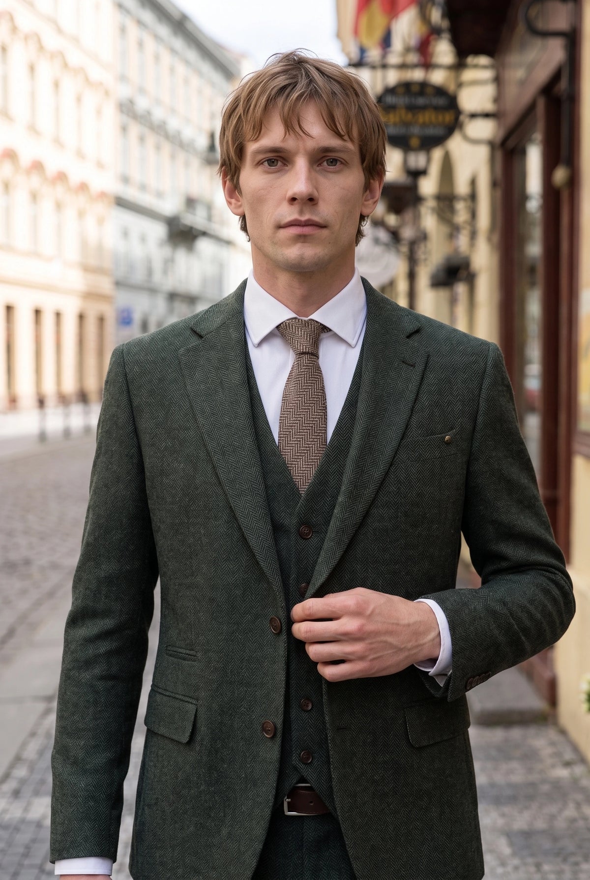 Bruine tweed stropdas voor heren met visgraatmotief.