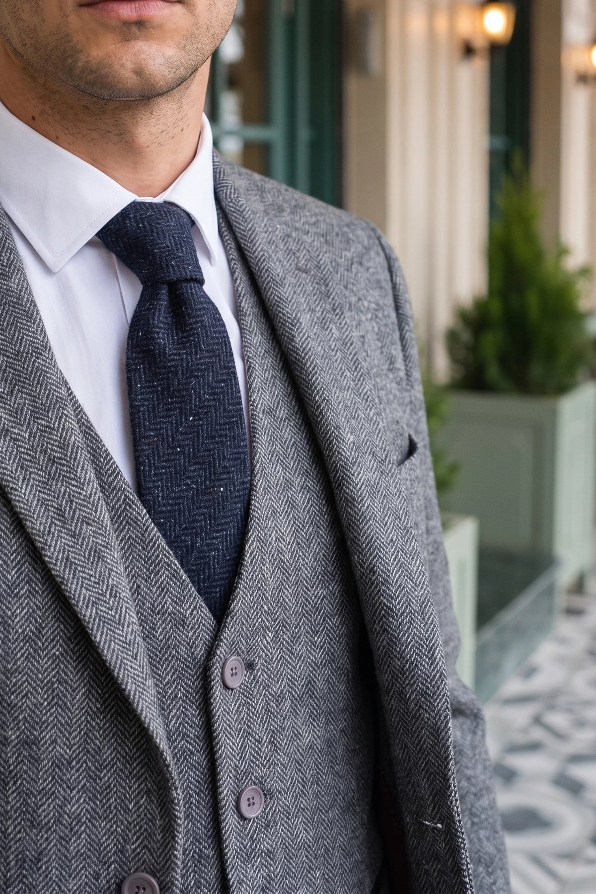 Marineblauwe stropdas van wolmix tweed voor heren
