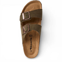 Olijfgroene leren instapslippers voor heren met voetbed.
