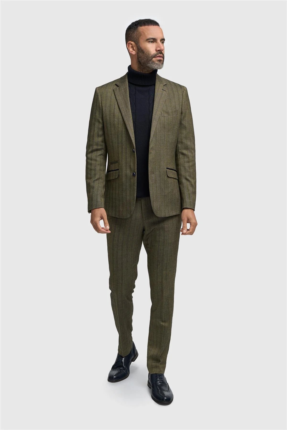 Heren olijfgroene tweed visgraatblazer