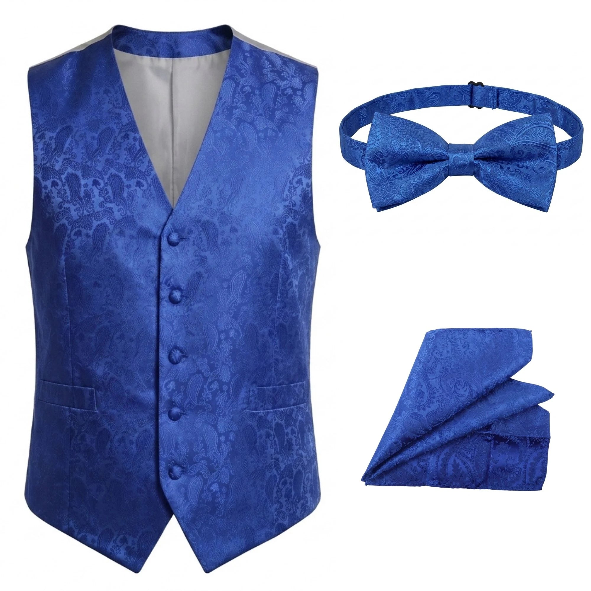 Herenset met paisleyprint, bestaande uit een 3-delige set met vlinderdas, zakdoek en vest - Blauw