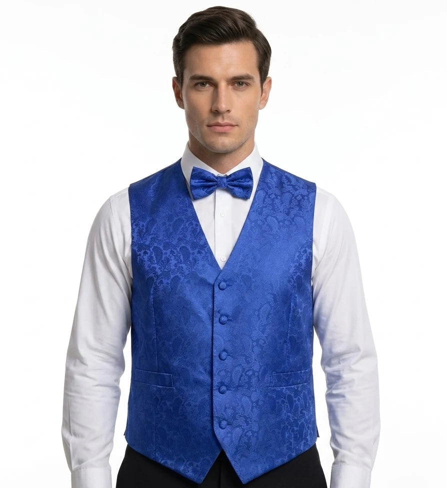 Herenset met paisleyprint, bestaande uit een 3-delige set met vlinderdas, zakdoek en vest - Blauw