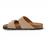 Herensandalen van zandbeige leer met instapzool en voetbed.