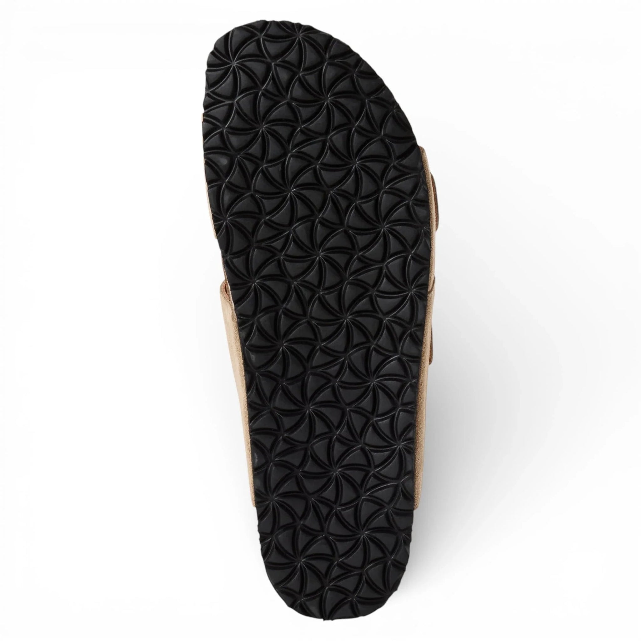 Herensandalen van zandbeige leer met instapzool en voetbed.
