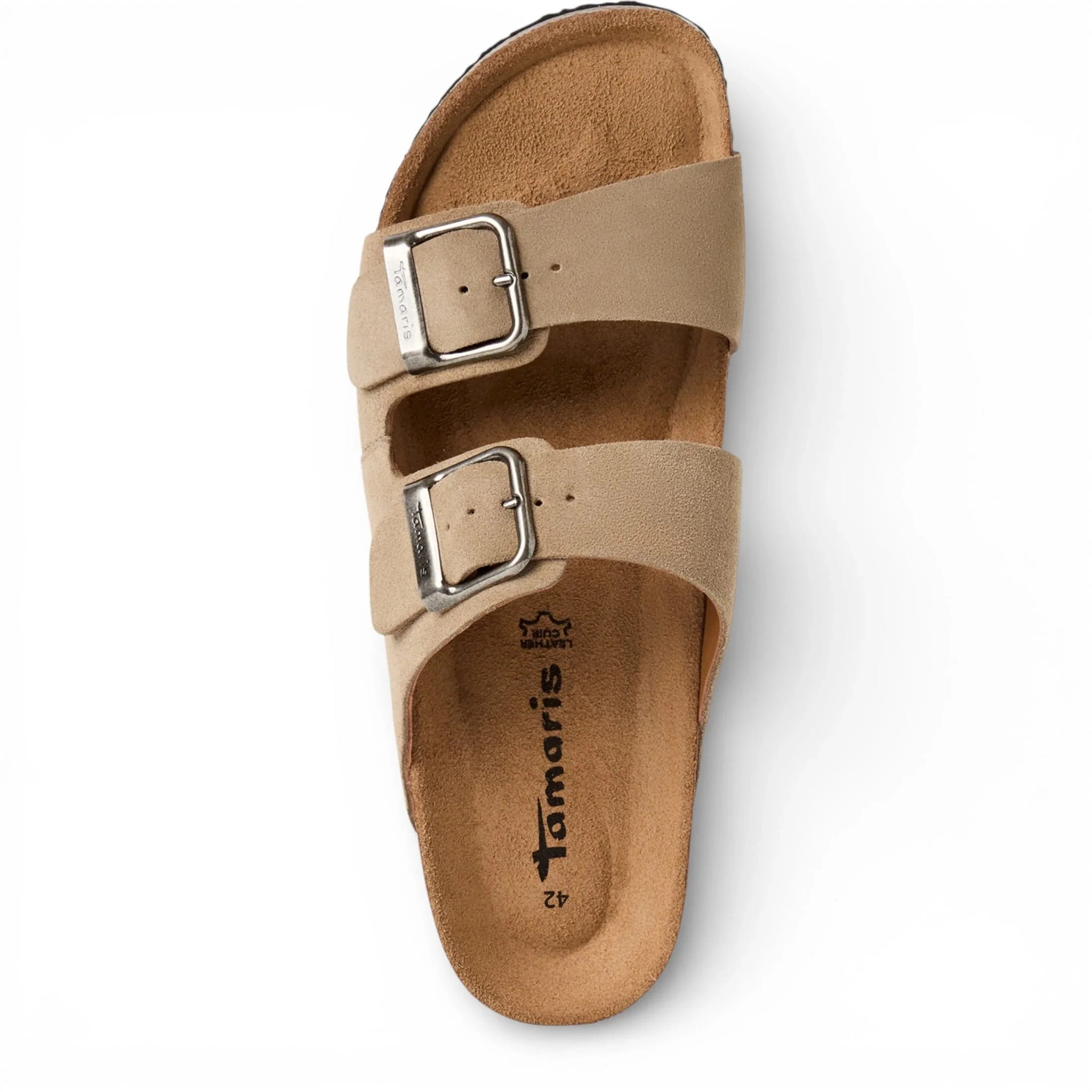 Herensandalen van zandbeige leer met instapzool en voetbed.
