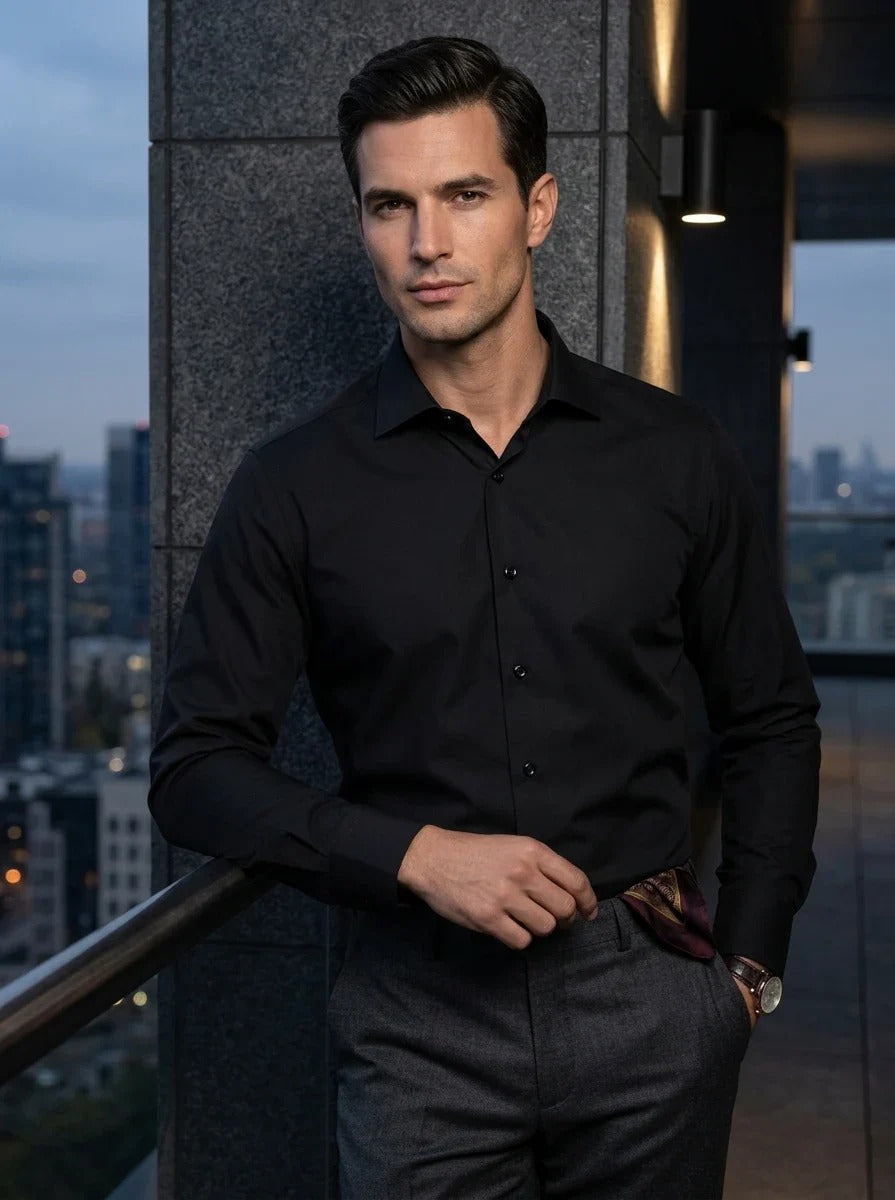 Slim fit overhemd met lange mouwen en knoopsluiting voor heren - Zwart