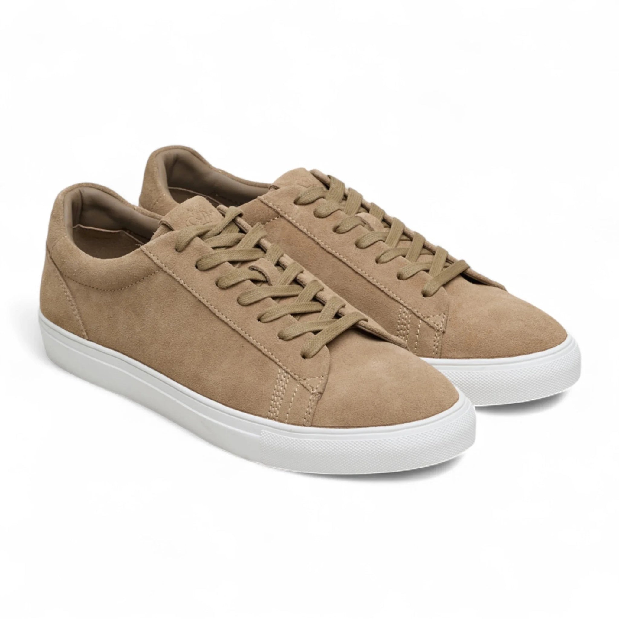 Casual sneakers voor heren van suède leer met vetersluiting, steengrijs van kleur.