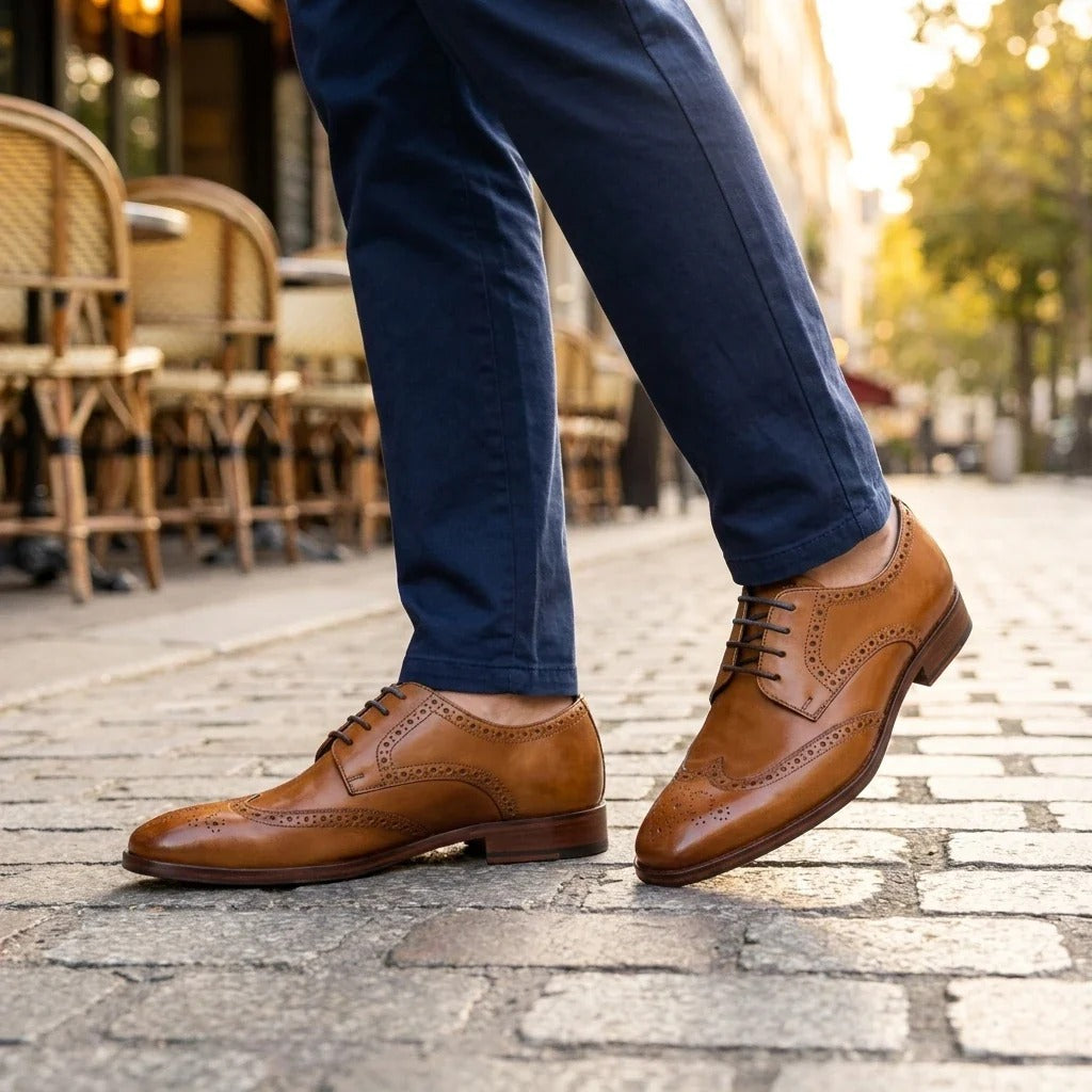 Klassieke, formele, veterschoenen voor heren van lichtbruin leer.