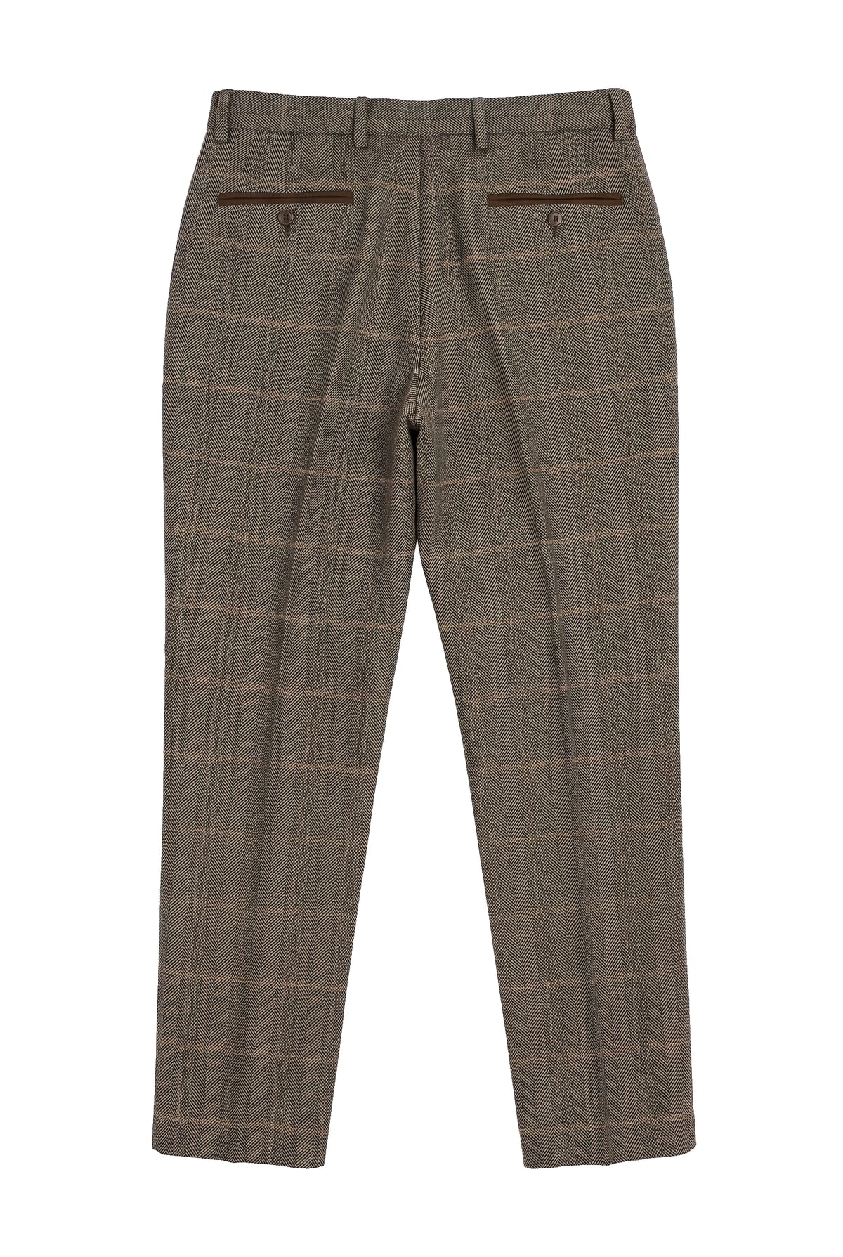 Dx-7 - Heren Tweed Geruite Broek Herringbone Tan Bruin Regular