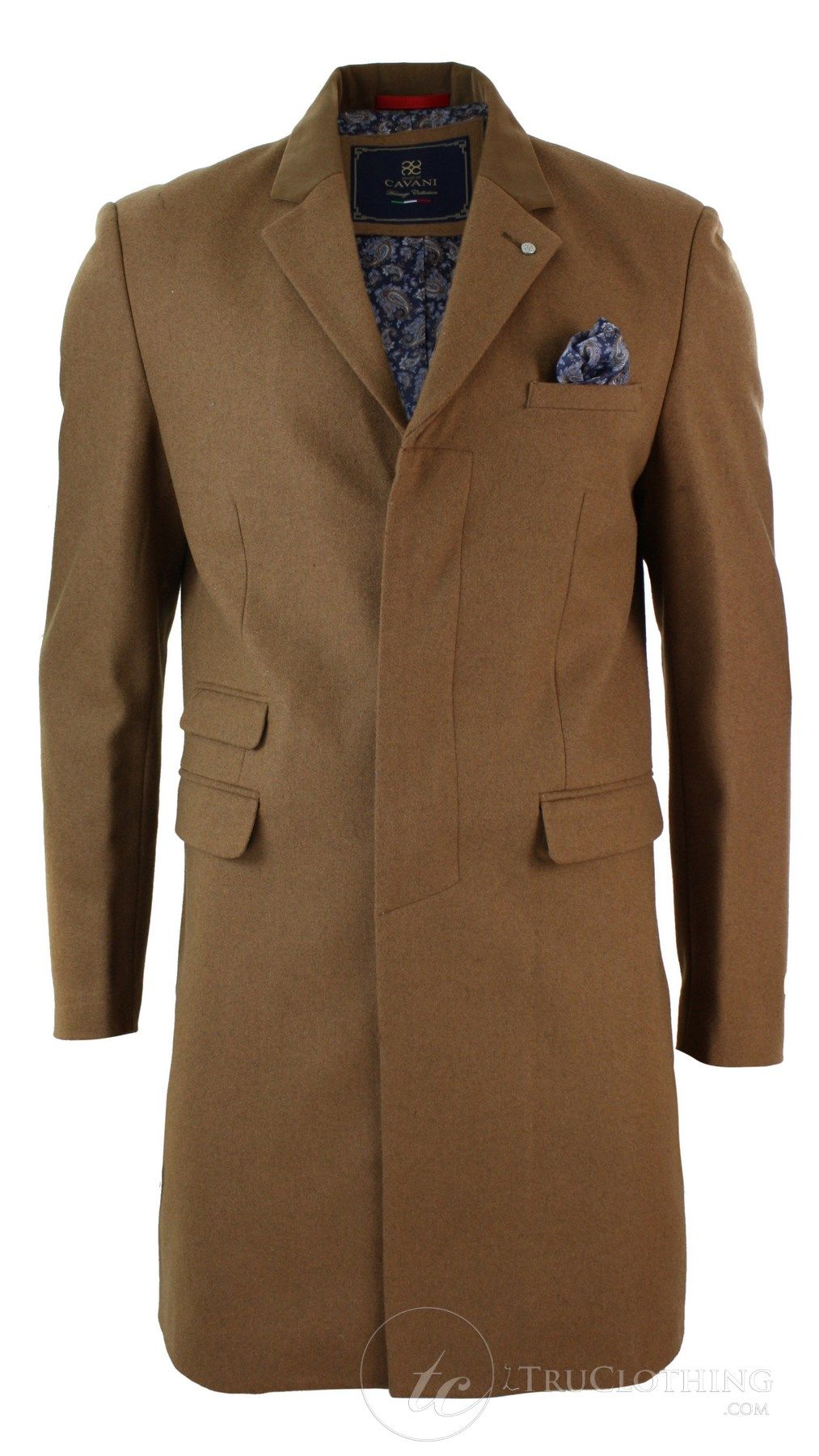 Mens Winter Over Coat 3/4 Trench Jacket Herringbone Long Velvet Trim Button-Tan