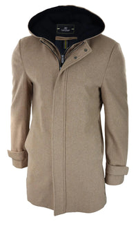 Mens 3/4 Long Overcoat Camel Jacket Coat Removable Hood Smart Casual Winter Warm Wool