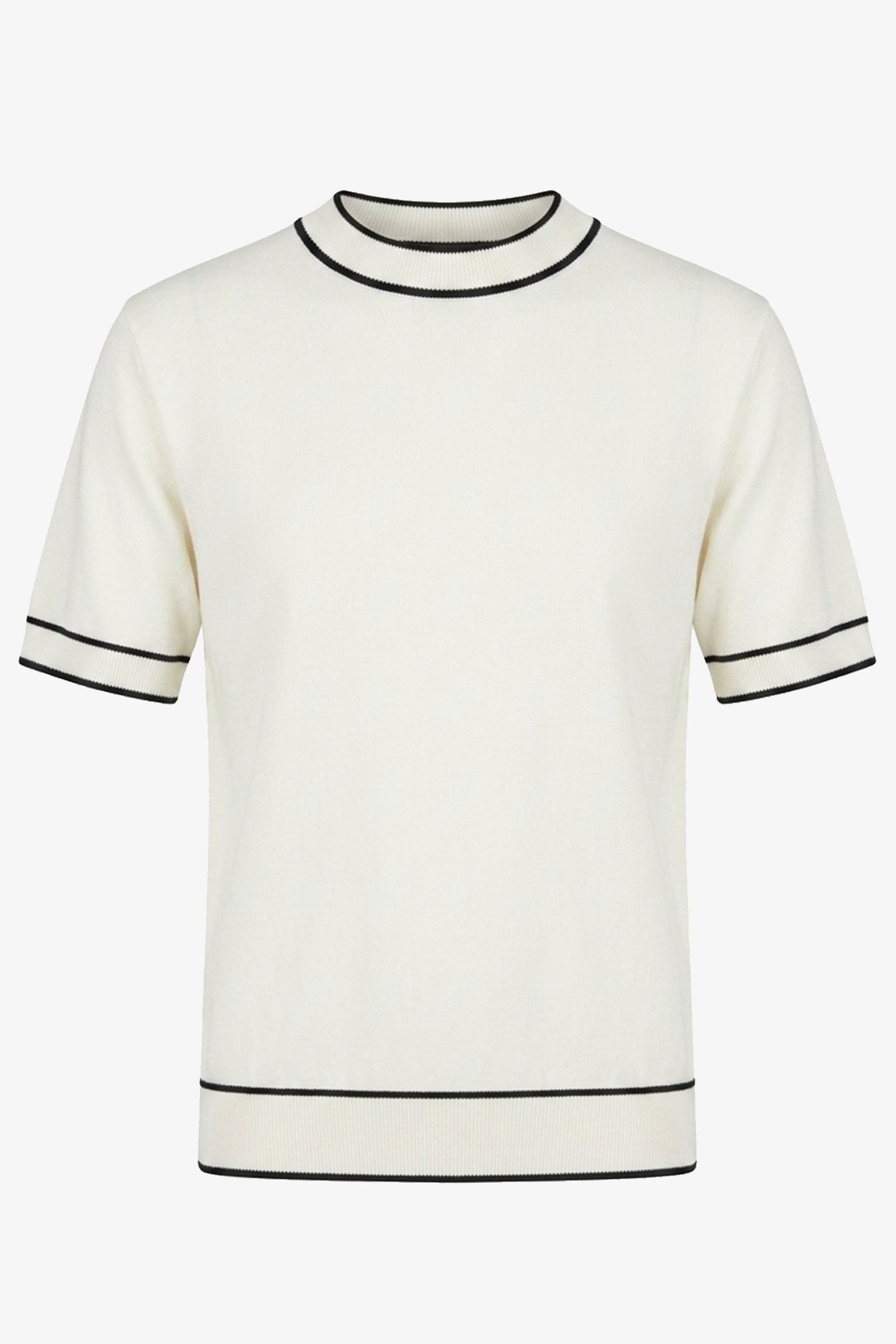 Off-white gebreid T-shirt voor heren, normale pasvorm, ronde hals met contrasterende bies.