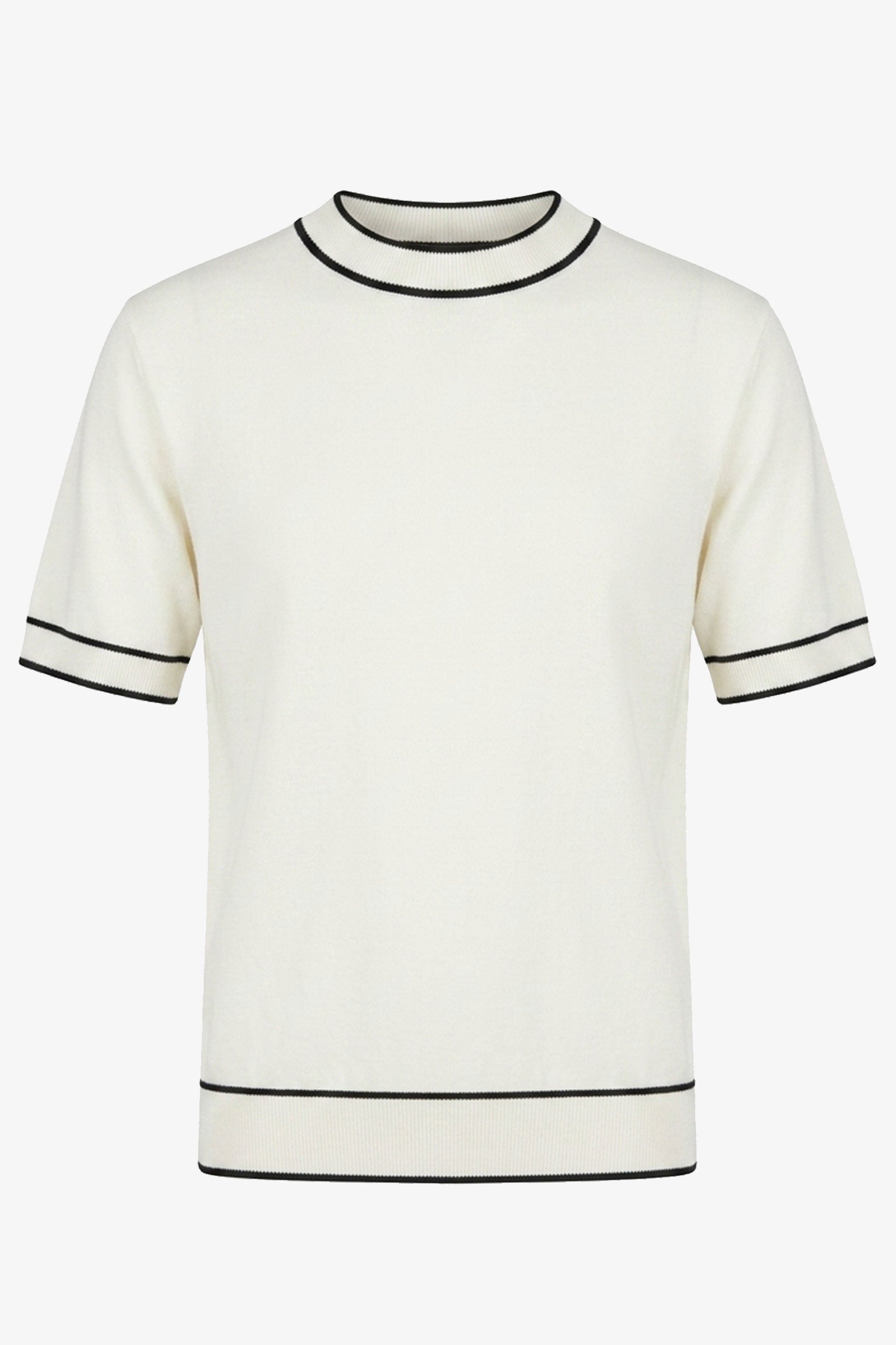 Off-white gebreid T-shirt voor heren, normale pasvorm, ronde hals met contrasterende bies.