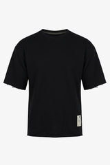 Donkerblauw heren T-shirt met relaxte pasvorm, onafgewerkte randen, katoenmix, ronde hals.
