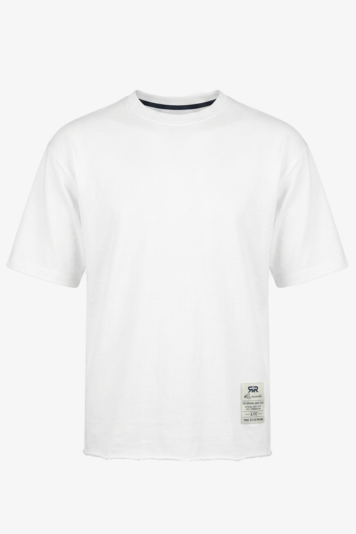 Wit heren T-shirt met relaxte pasvorm, onafgewerkte randen, katoenmix, ronde hals.