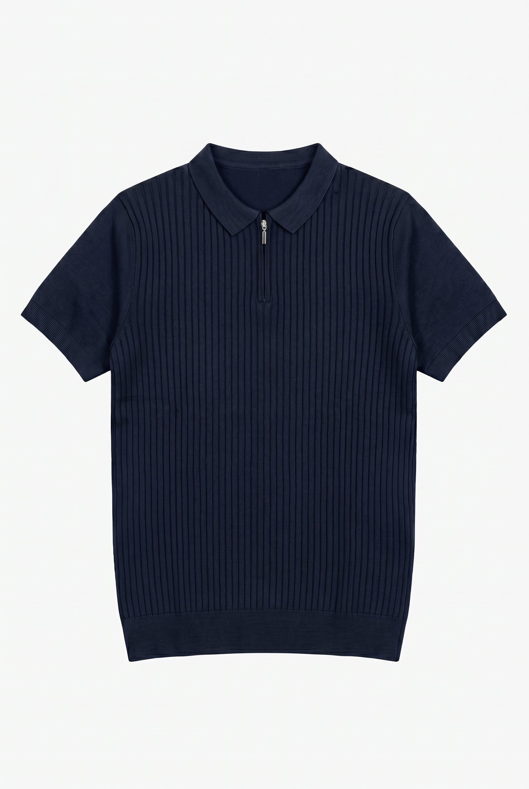 Marineblauwe gebreide polo met rits voor heren
