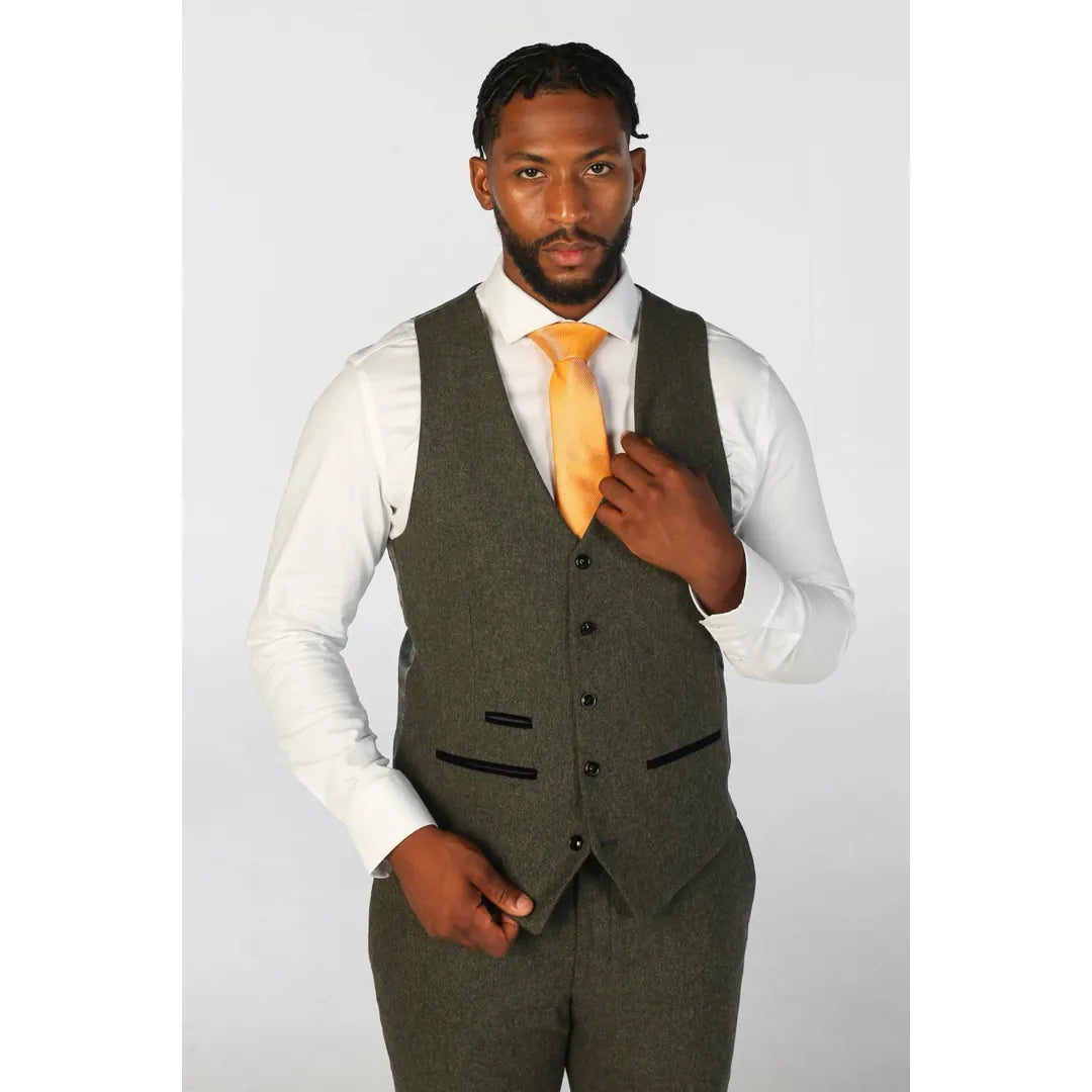 Oscar - Men's 3 Piece Olive Green Wool Blend Tweed Suit