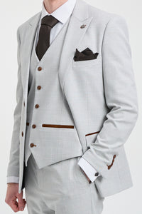 Mark Heren Grijs Steen 3-delig Tweed Geruit Pak met Bruine Rand voor Bruiloften en Gala's