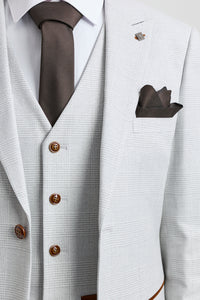 Mark Heren Grijs Steen 3-delig Tweed Geruit Pak met Bruine Rand voor Bruiloften en Gala's