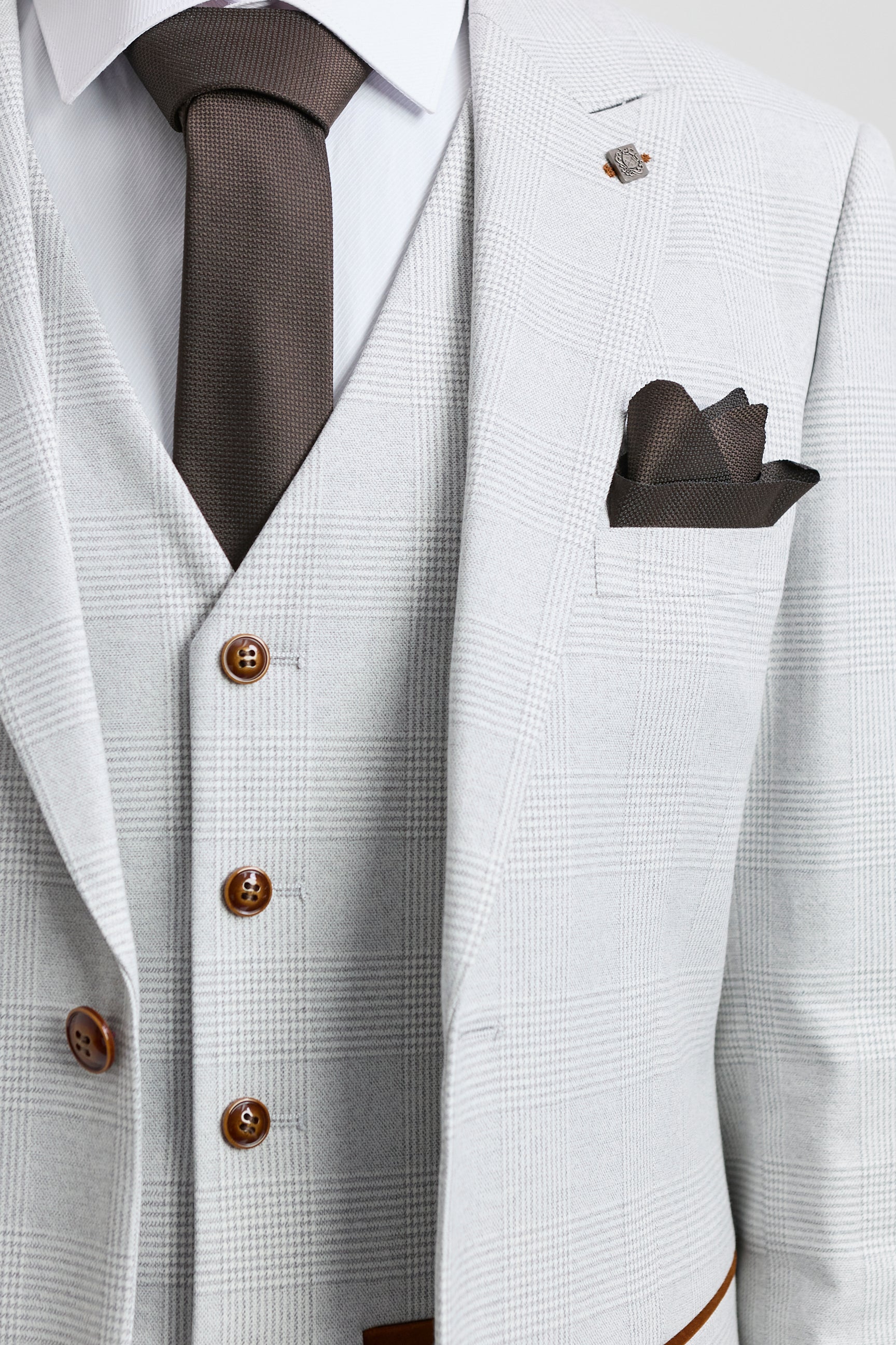 Mark Heren Grijs Steen 3-delig Tweed Geruit Pak met Bruine Rand voor Bruiloften en Gala's