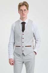 Mark Heren Grijs Steen 3-delig Tweed Geruit Pak met Bruine Rand voor Bruiloften en Gala's