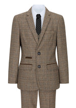Boys 3 Piece Brown Suit Tweed Check Vintage Retro Tailored Fit 1920s