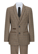 Boys 3 Piece Brown Suit Tweed Check Vintage Retro Tailored Fit 1920s
