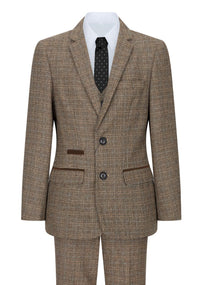 Boys 3 Piece Brown Suit Tweed Check Vintage Retro Tailored Fit 1920s