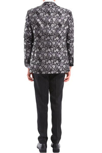 Mens Black Silver Paisley Tuxedo Suit 3 Piece Wedding Prom Party Grooms Tailored