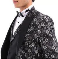 Mens Black Silver Paisley Tuxedo Suit 3 Piece Wedding Prom Party Grooms Tailored