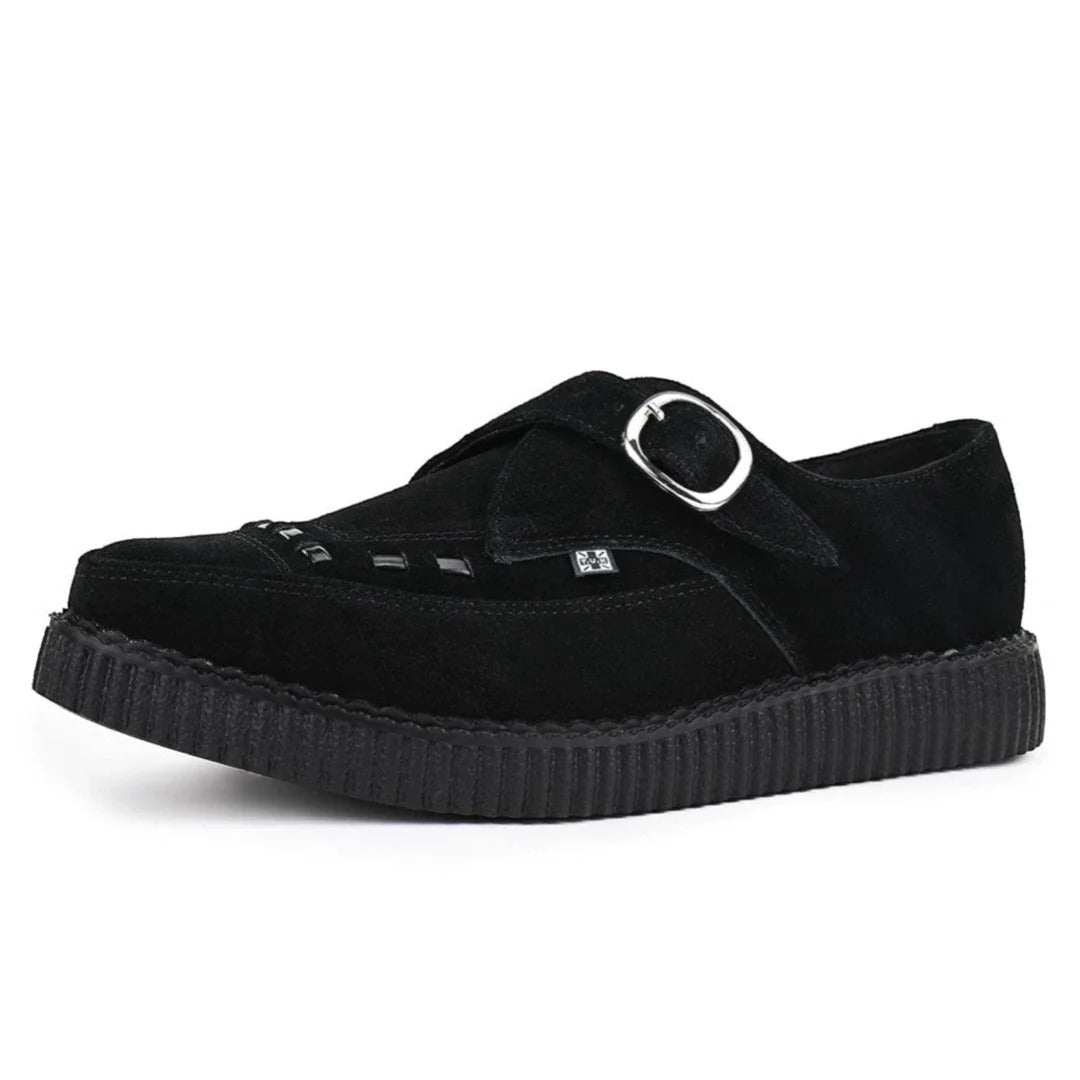 Puntige Creeper zwarte suède platformschoenen met gesp