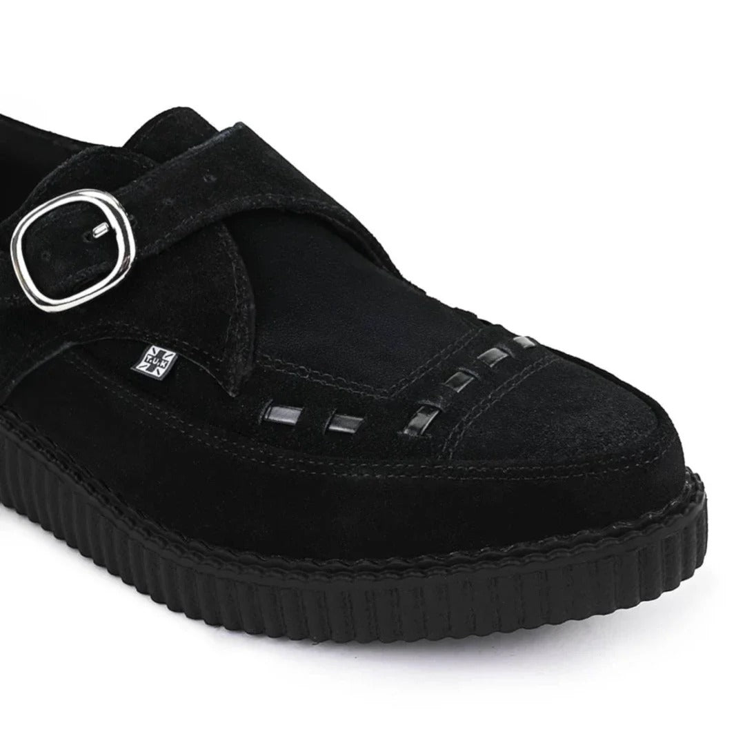 Puntige Creeper zwarte suède platformschoenen met gesp