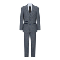 Boys 3 Piece Suit Navy Blue Tweed Check Vintage Retro Tailored Fit 1920s