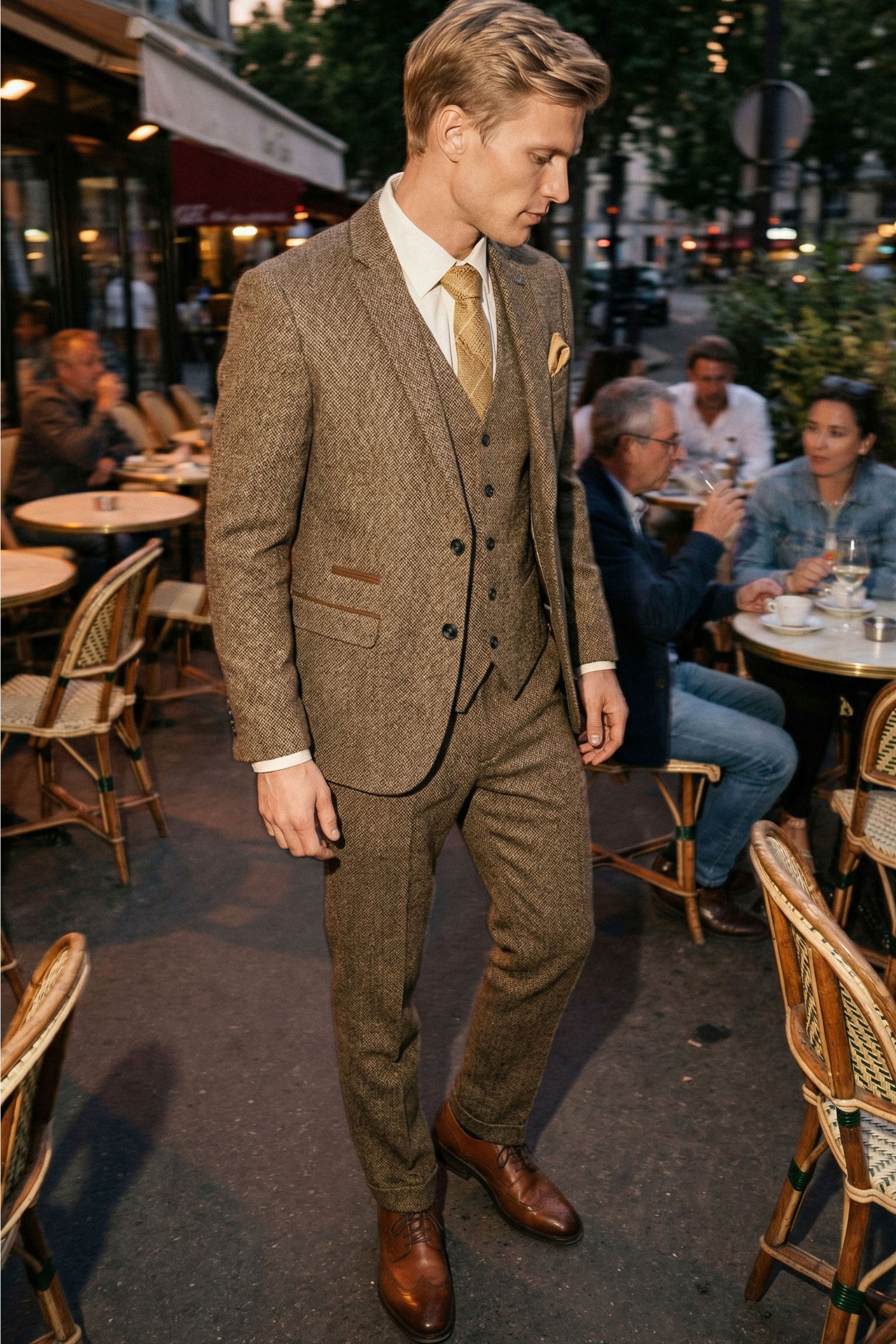 Heren 3-delig tweed geruit pak - Bruin