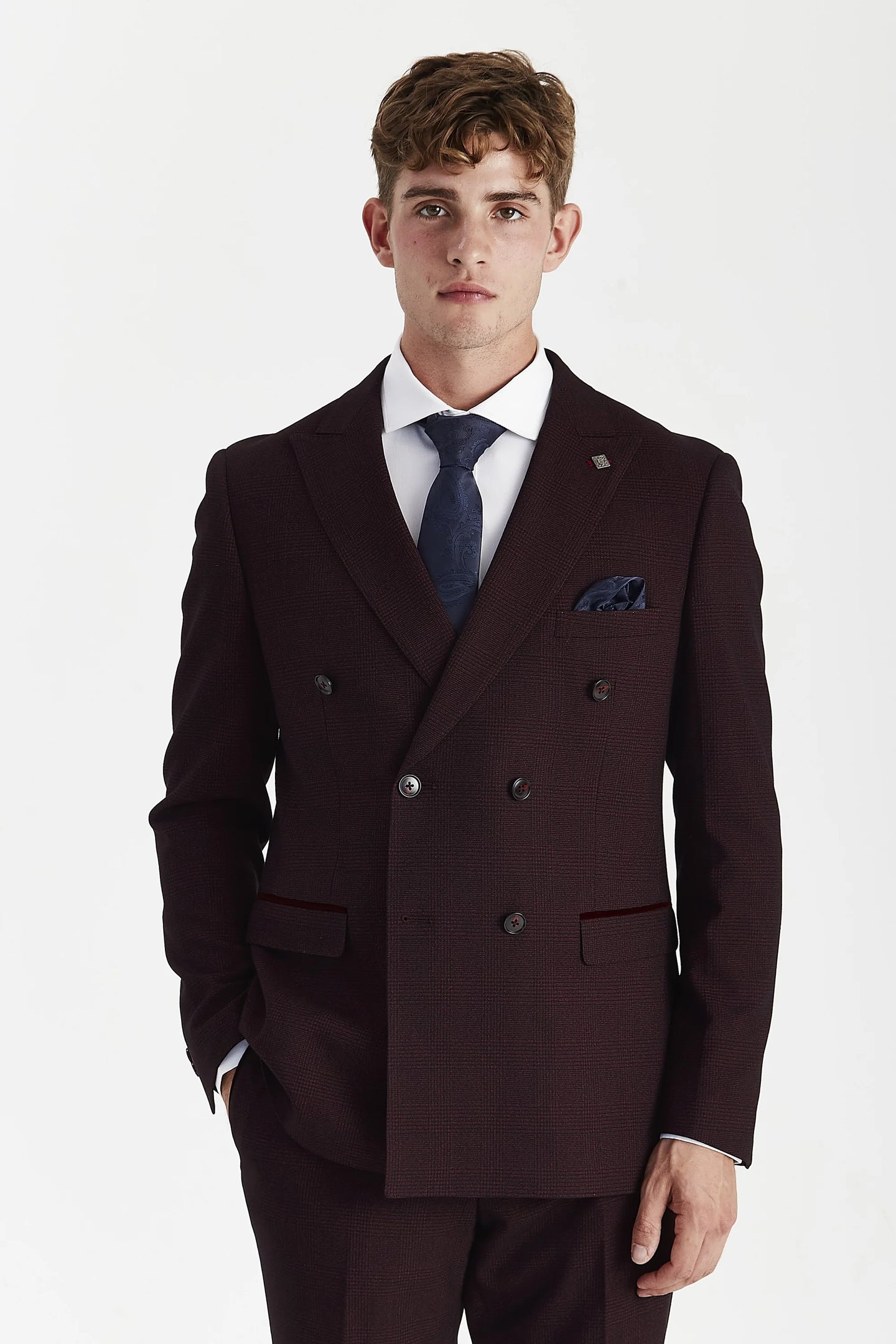 Regent - Brugundy geruite double-breasted blazer voor heren
