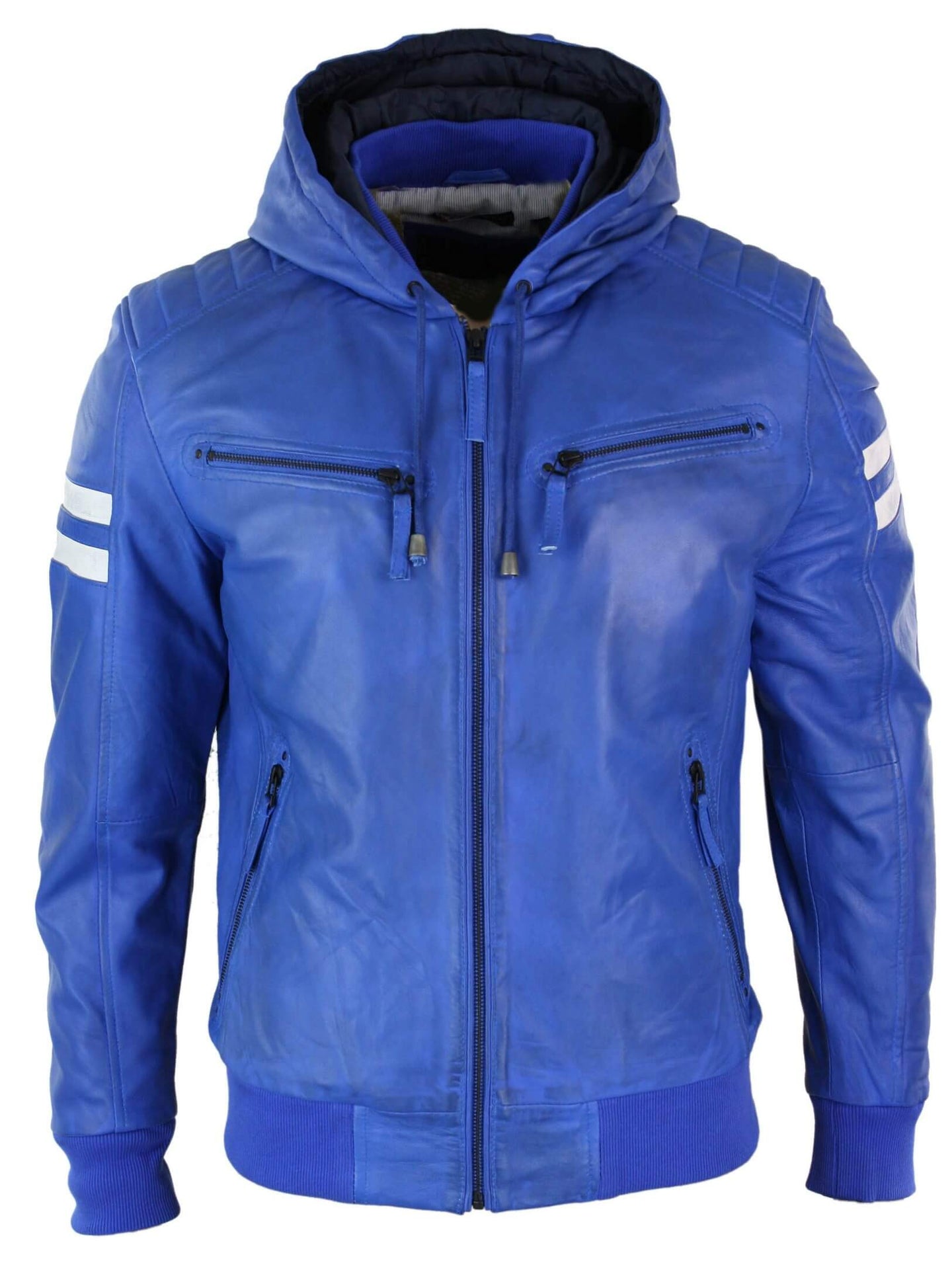 Men's Realy Leather Bomber Jacket with Hood-Blue