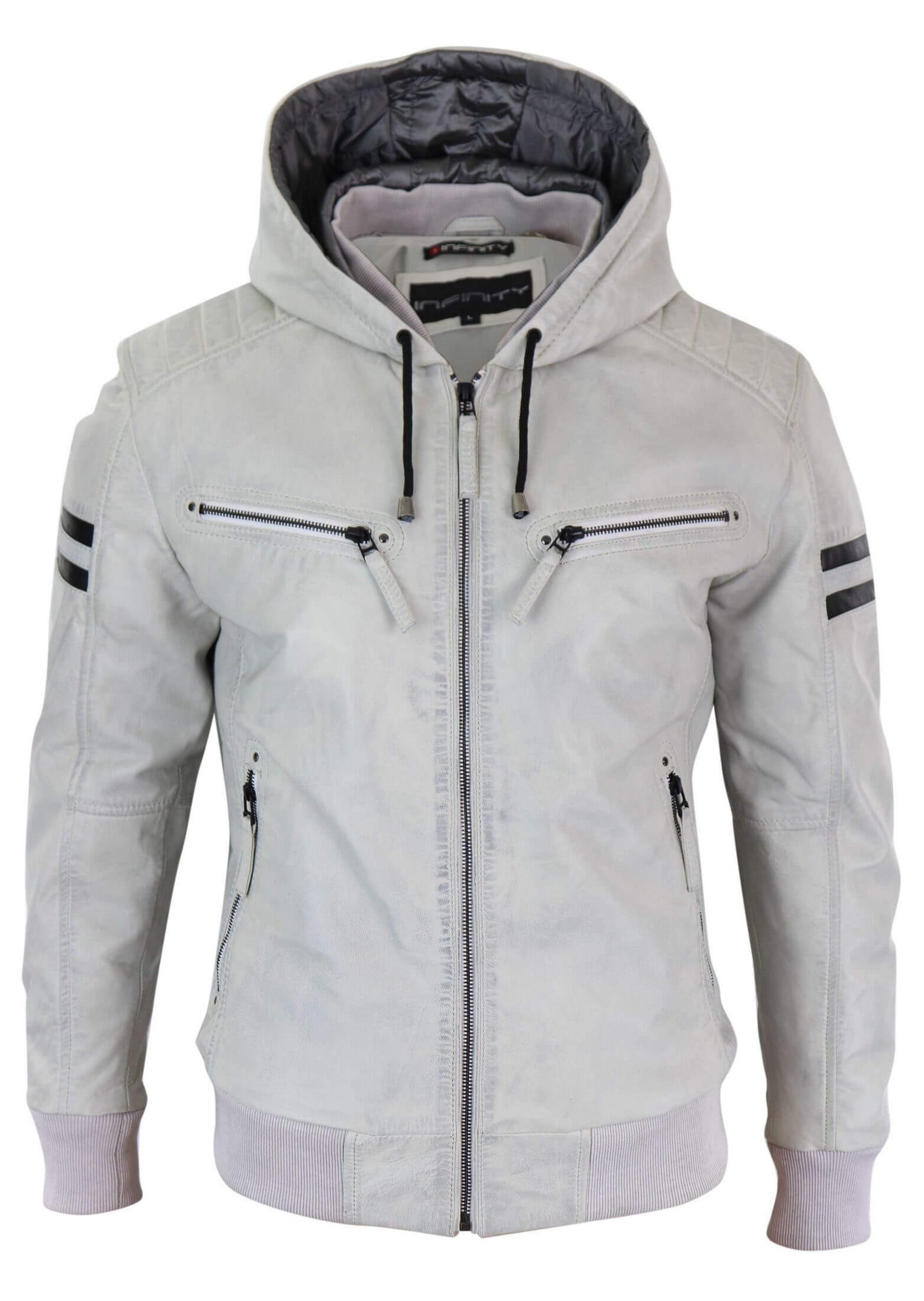 Men's Real Leather Bomber Jacket with Hood-White
