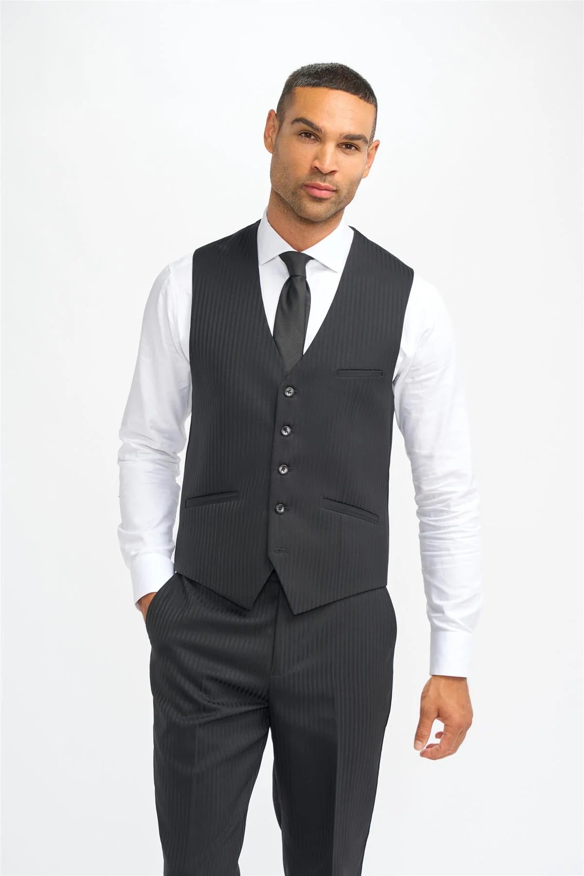 Roberto - Men's Black 3 Piece Shadow Stripes Wool Blend Suit