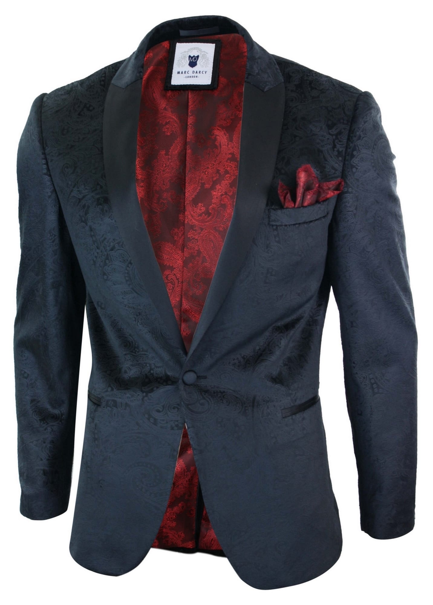 Marc Darcy Simon Mens Velvet Paisley Black Fit Blazer Tuxedo Dinner Jacket Smart Casual