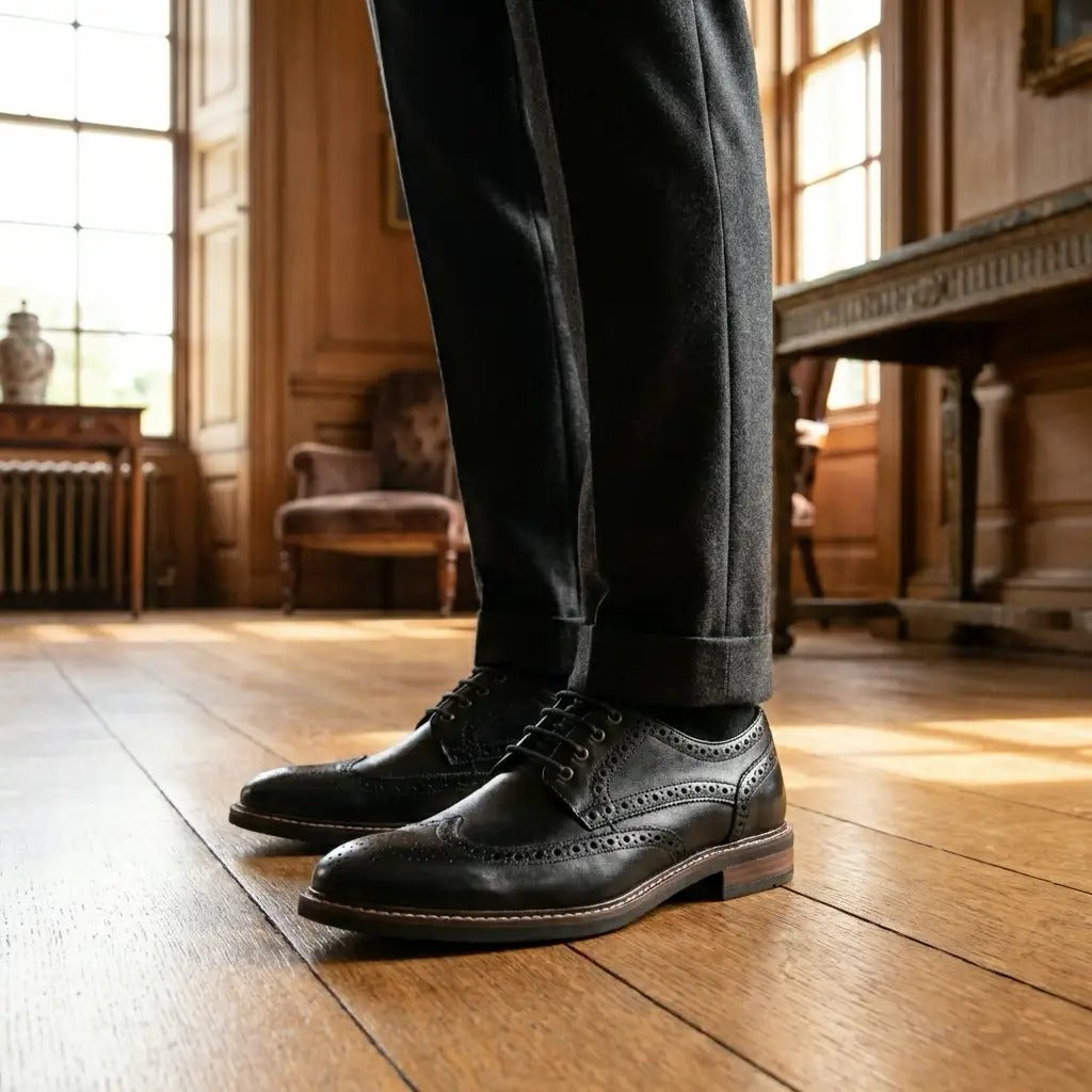 Stokes - Zwarte leren wingtip brogue veterschoenen voor heren