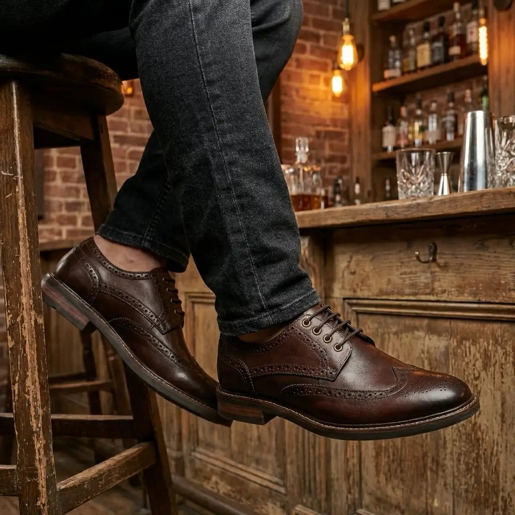 Stokes - Bruine leren wingtip brogue veterschoenen voor heren