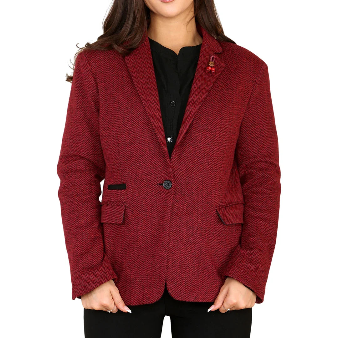 Dames Tweed Herringbone Blazer Jasje Wijnrood Klassiek Jaren 20