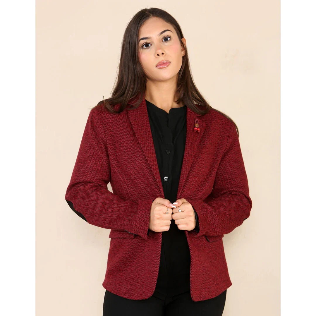 Dames Tweed Herringbone Blazer Jasje Wijnrood Klassiek Jaren 20