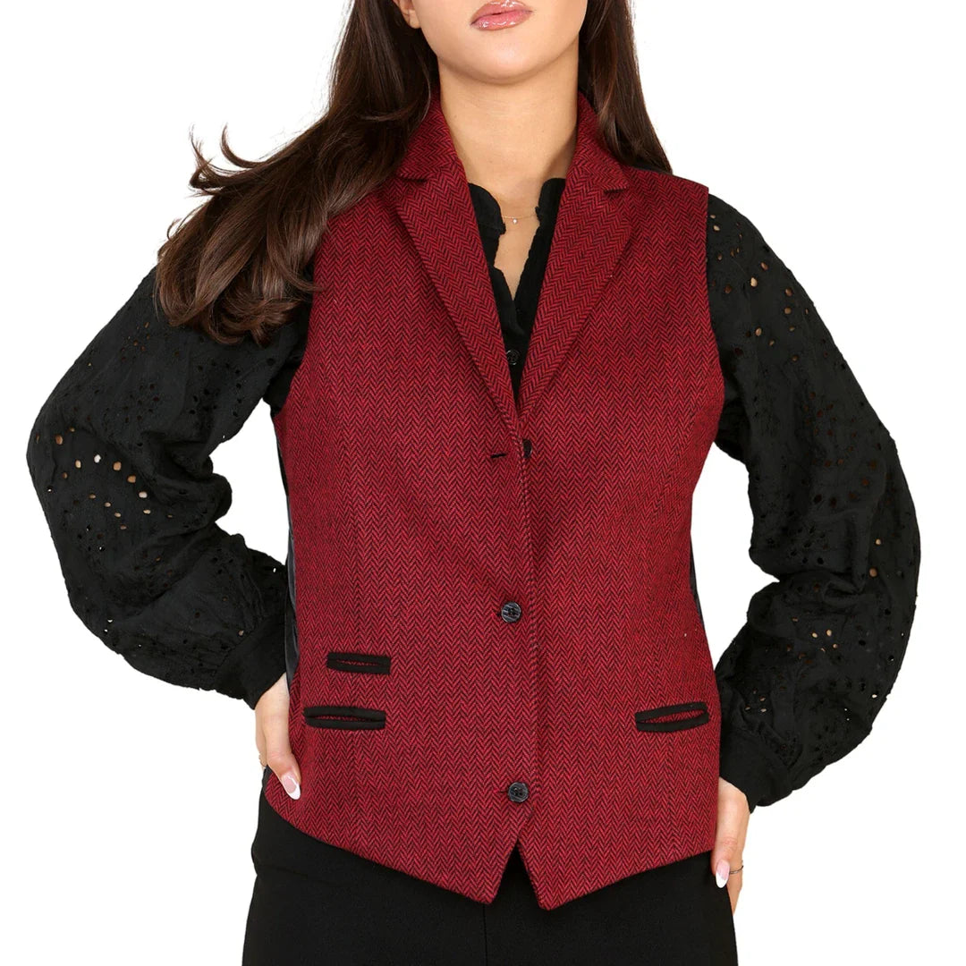 Dames Tweed Herringbone Vest Wijnrood Klassiek Jaren 20