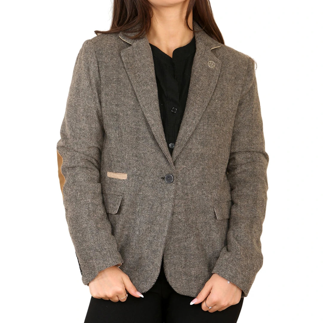 Dames Herringbone Tweed Blazer Oak Brown Classic Jacket