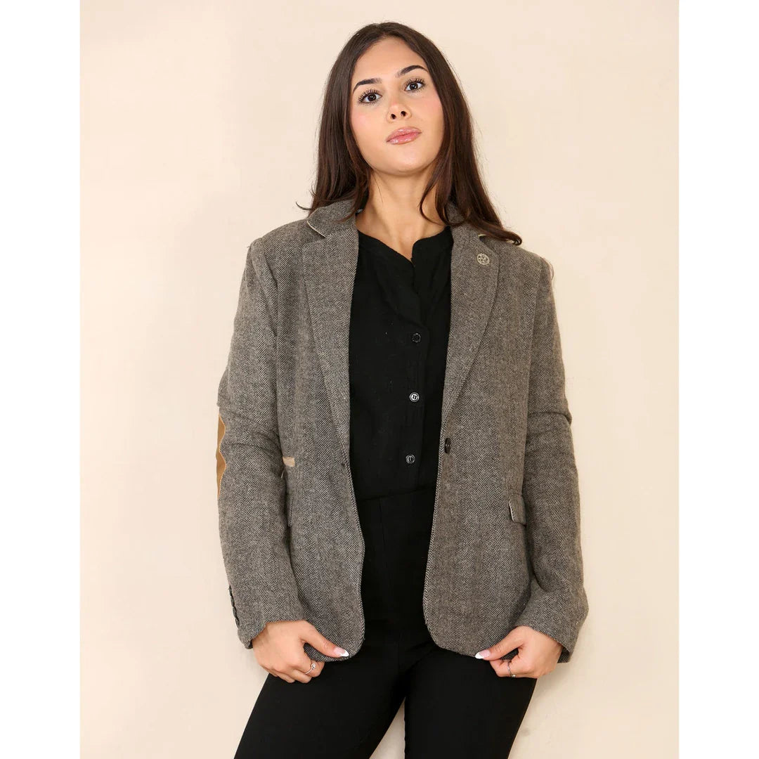 Dames Herringbone Tweed Blazer Oak Brown Classic Jacket