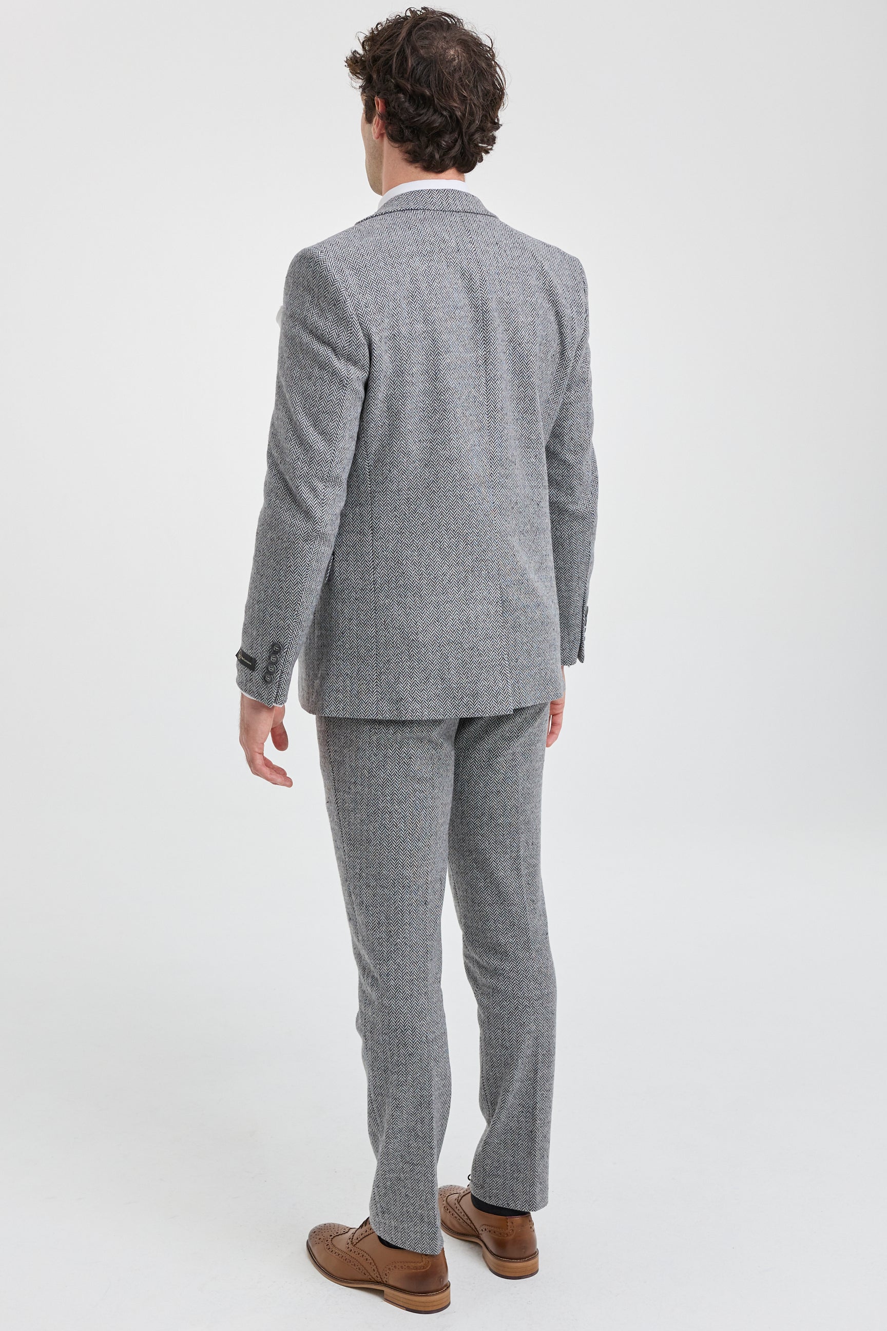 Lichtgrijs driedelig tweed visgraatpak voor heren - STZ11