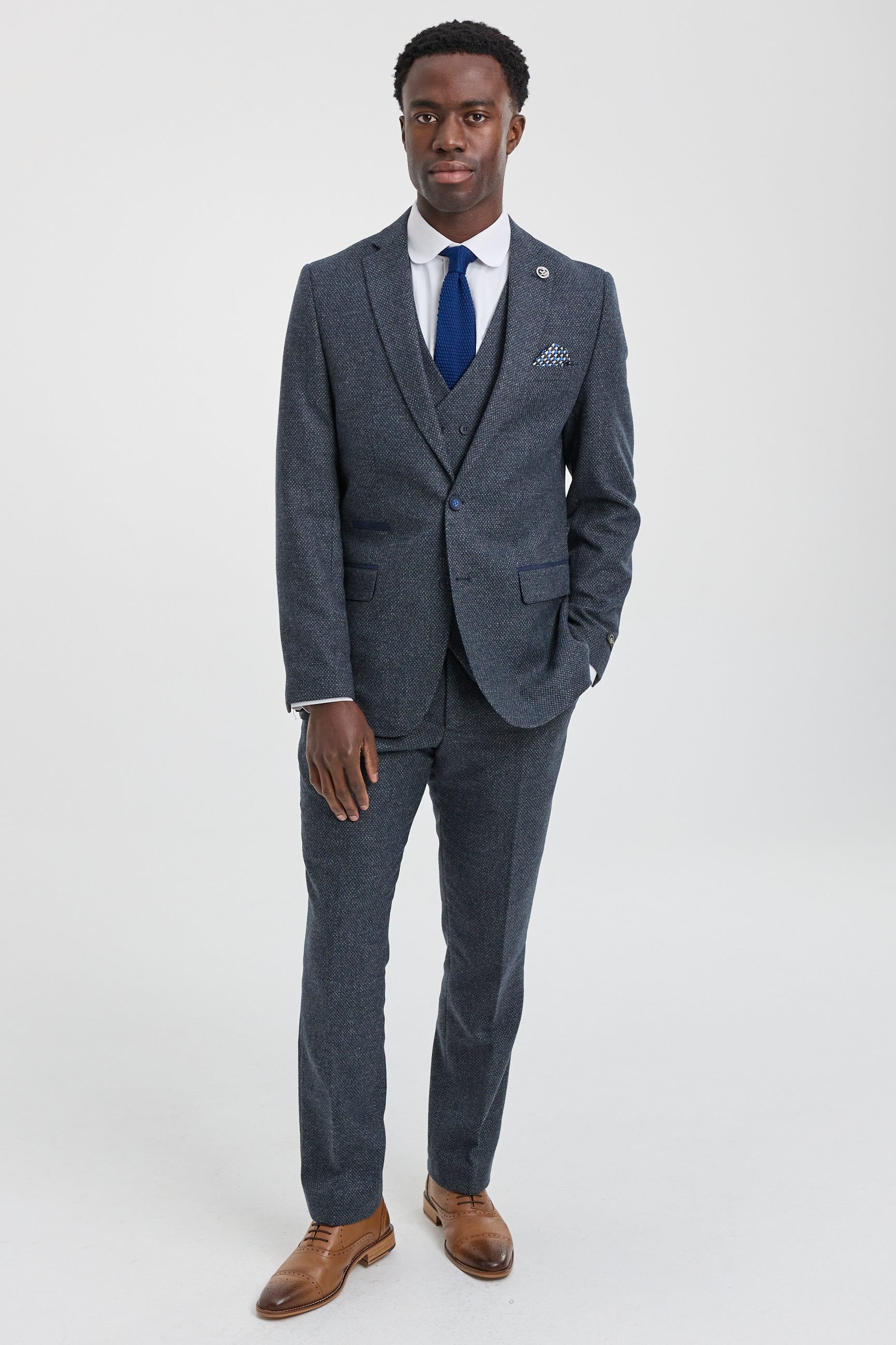 Heren 3-delig marineblauw pak met dubbelrijs vest